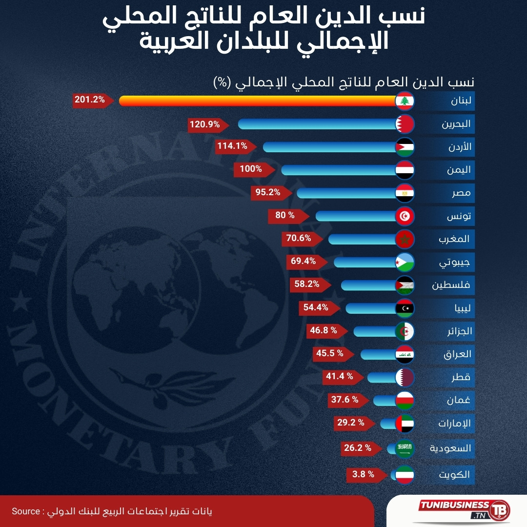 نسب الدين العام من الناتج المحلي الإجمالي في العالم العربي بنهاية عام 2023